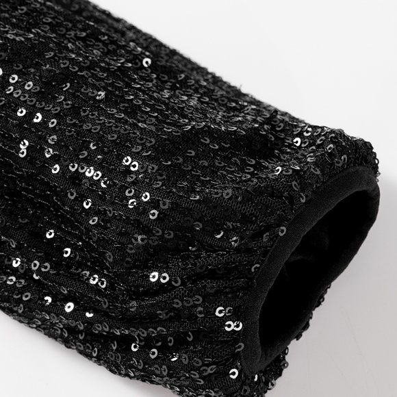 Black Sequin Zip up Round Neck Long Sleeve Jacket - Picture 14 of 16